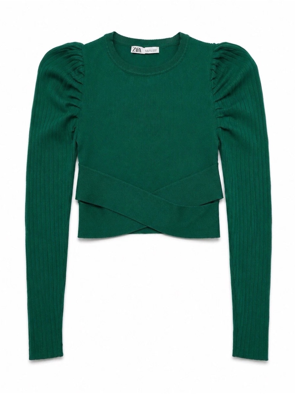 Zara Emerald Green Ribbed Puff-Sleeve Cropped Sweater Top small